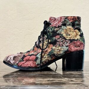 Floral Tapestry Lace Front Ankle Boots